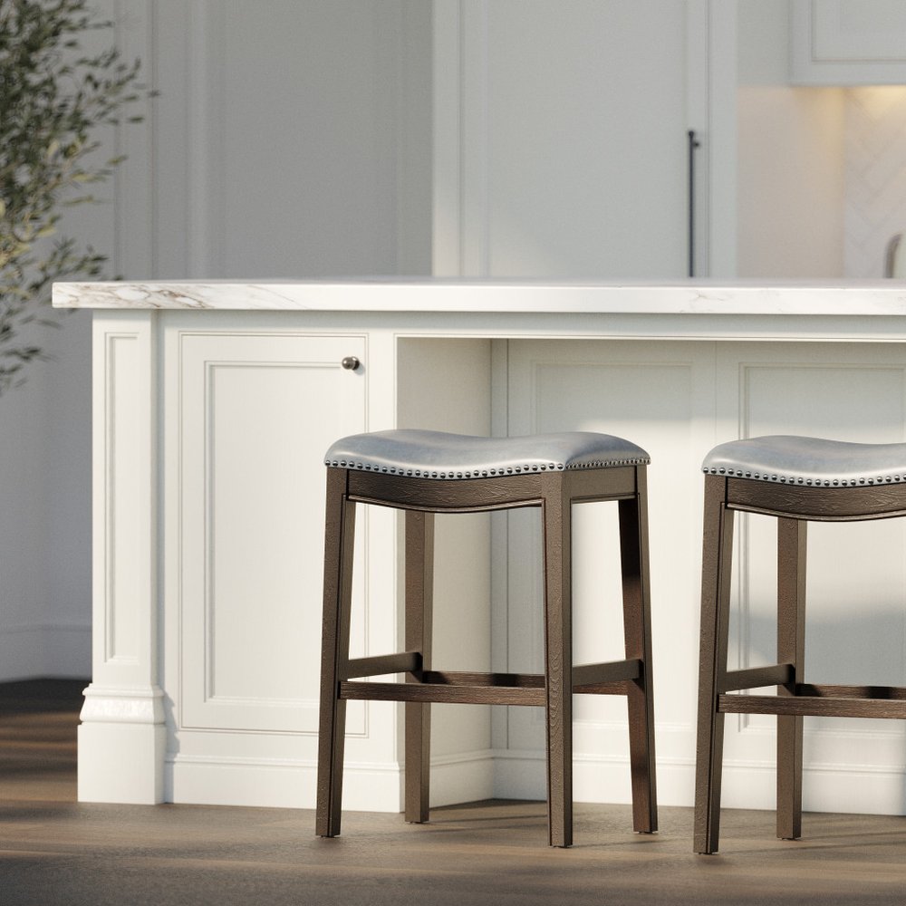 31" Gray and Espresso Faux Leather and Solid Wood Backless Bar Height Bar Chair