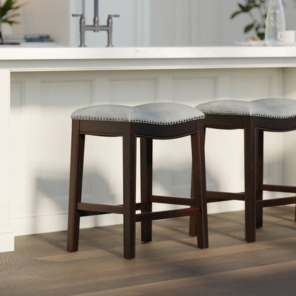 26" Gray and Espresso Faux Leather and Solid Wood Backless Counter Height Bar Chair