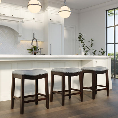 26" Gray and Espresso Faux Leather and Solid Wood Backless Counter Height Bar Chair