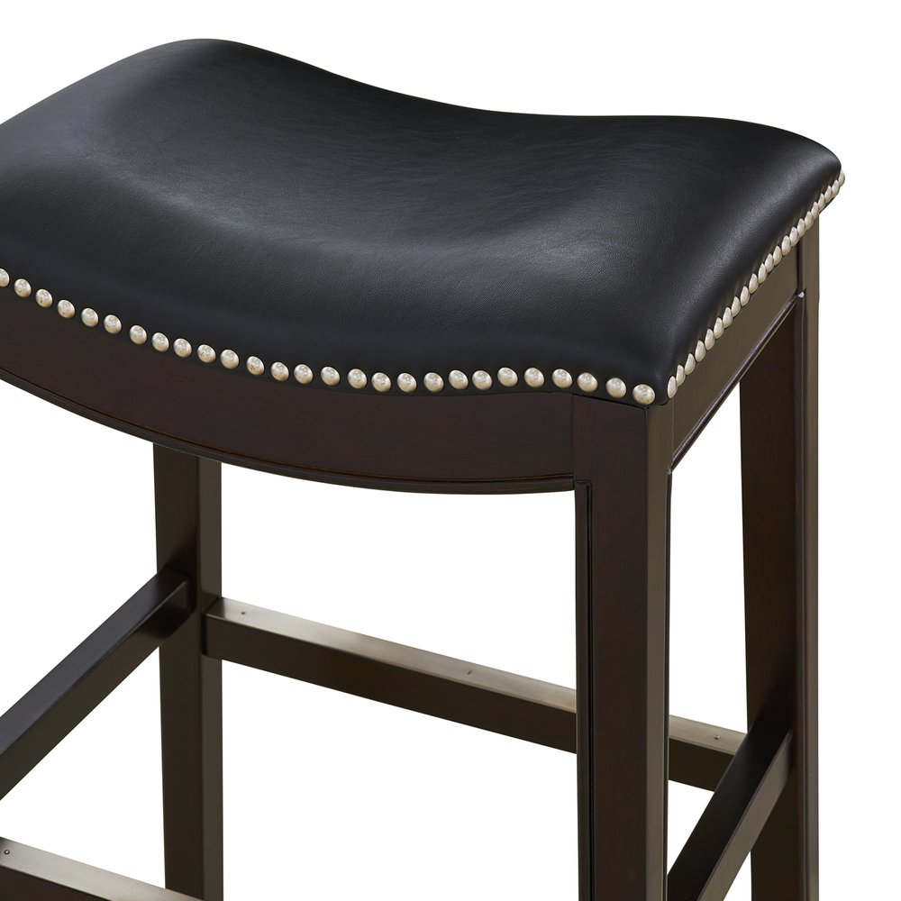 31" Black And Espresso Faux Leather And Solid Wood Backless Bar Height Bar Chair