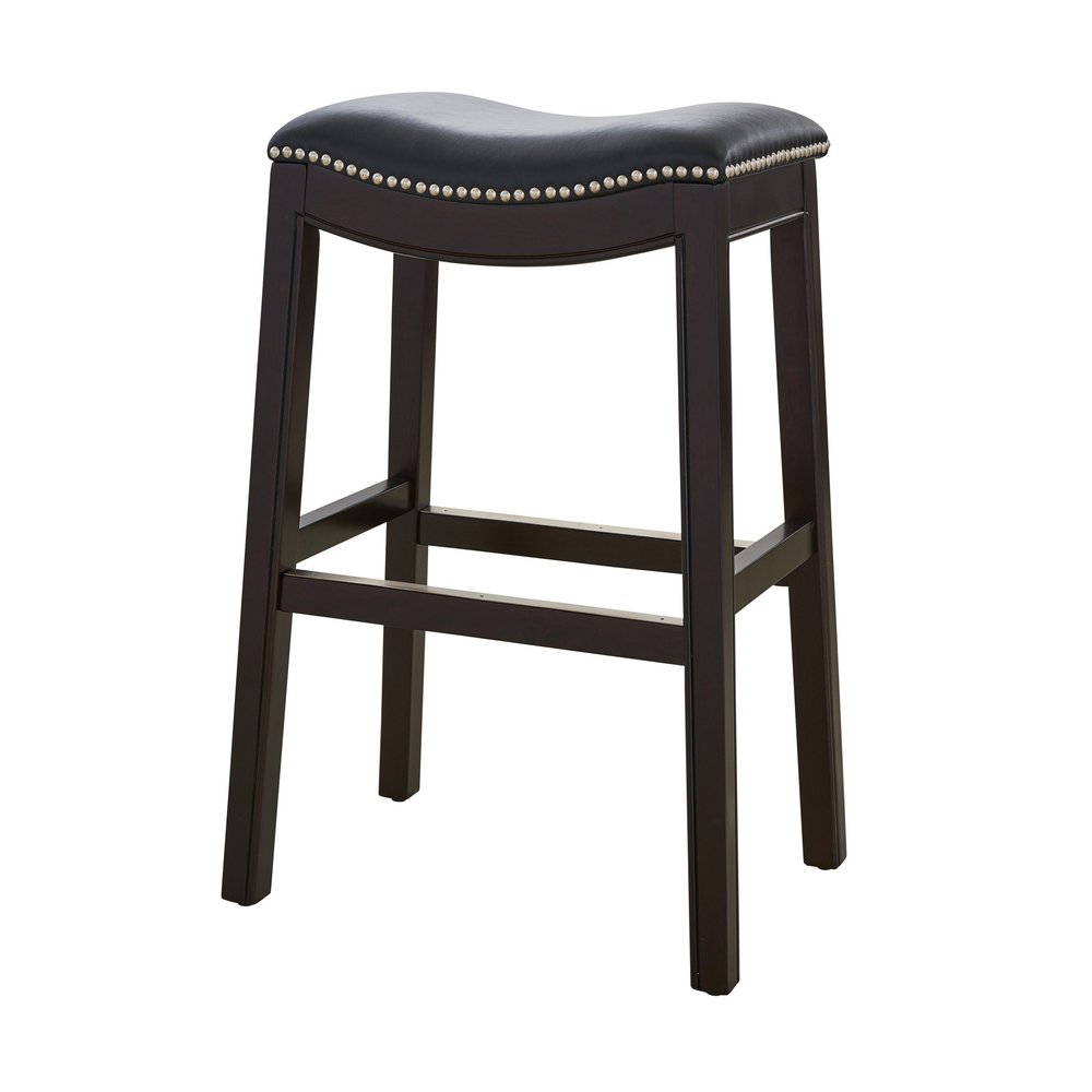 31" Black And Espresso Faux Leather And Solid Wood Backless Bar Height Bar Chair