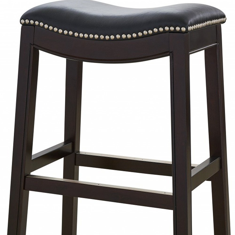 31" Black And Espresso Faux Leather And Solid Wood Backless Bar Height Bar Chair