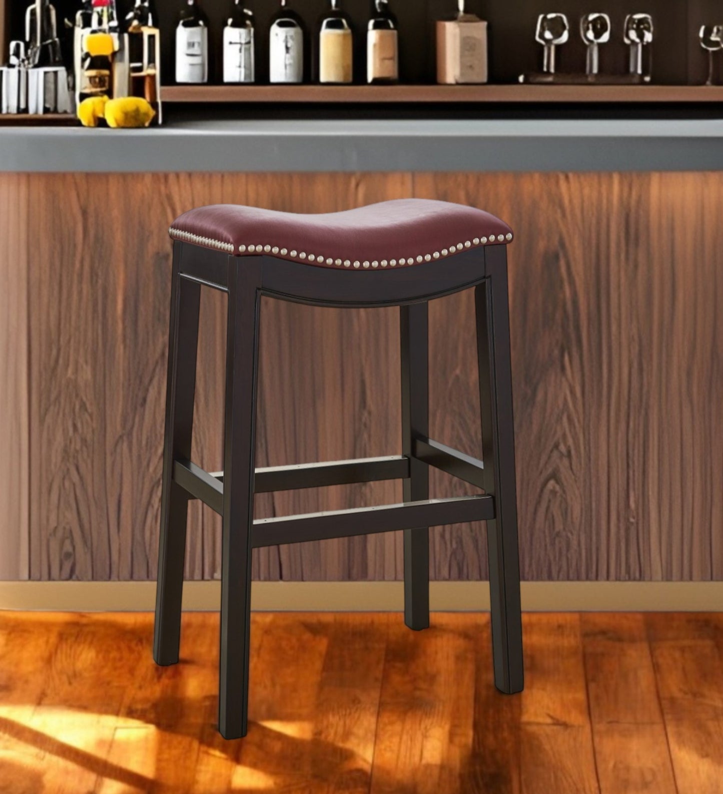 31" Dark Red and Espresso Solid Wood Backless Bar Chair