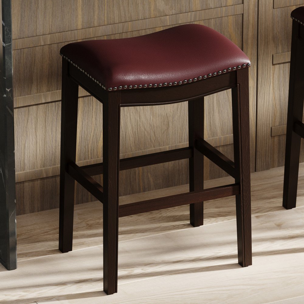 31" Dark Red And Espresso Faux Leather And Solid Wood Backless Counter Height Bar Chair