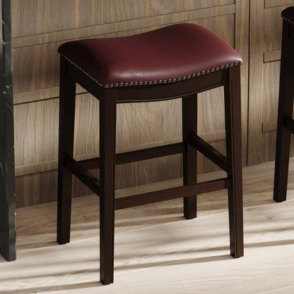 31" Dark Red And Espresso Faux Leather And Solid Wood Backless Counter Height Bar Chair