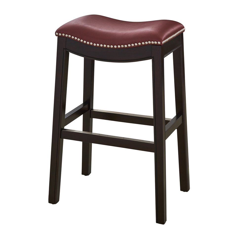 31" Dark Red And Espresso Faux Leather And Solid Wood Backless Counter Height Bar Chair