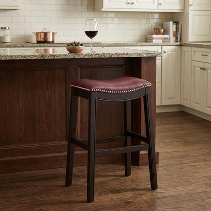 31" Dark Red And Espresso Faux Leather And Solid Wood Backless Counter Height Bar Chair