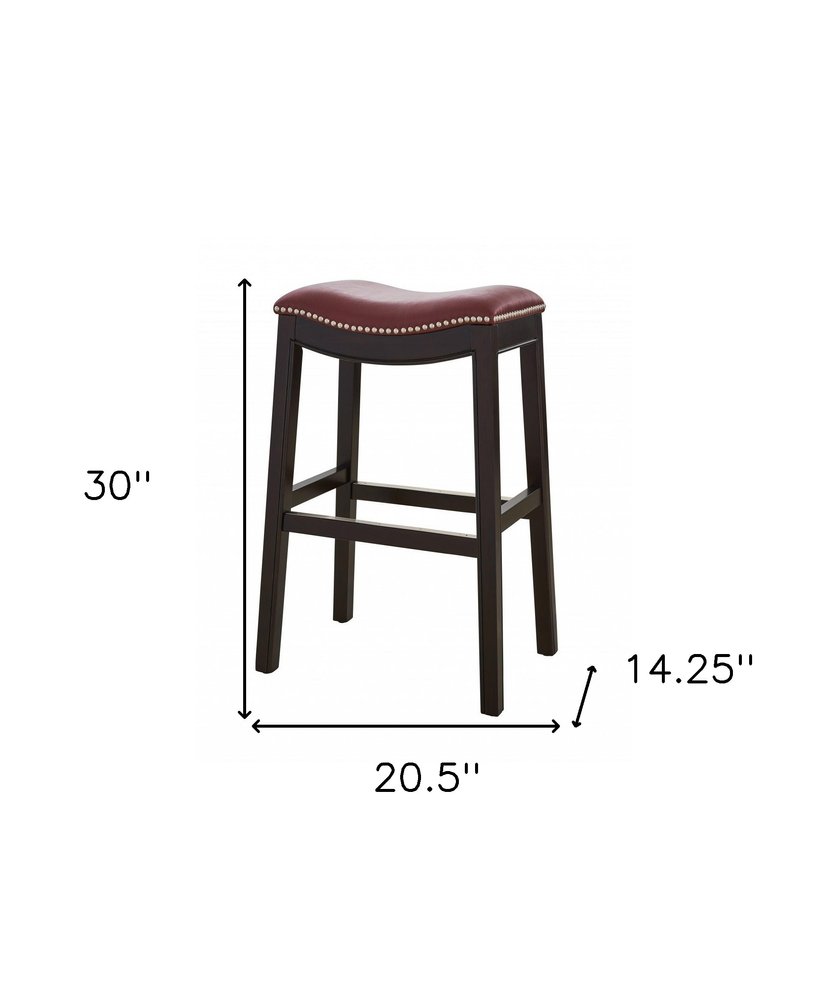 31" Dark Red And Espresso Faux Leather And Solid Wood Backless Counter Height Bar Chair