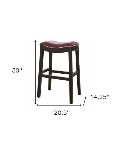 31" Dark Red And Espresso Faux Leather And Solid Wood Backless Counter Height Bar Chair