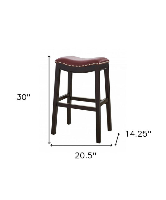 31" Dark Red And Espresso Faux Leather And Solid Wood Backless Counter Height Bar Chair