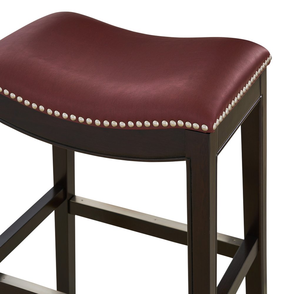 31" Dark Red And Espresso Faux Leather And Solid Wood Backless Counter Height Bar Chair