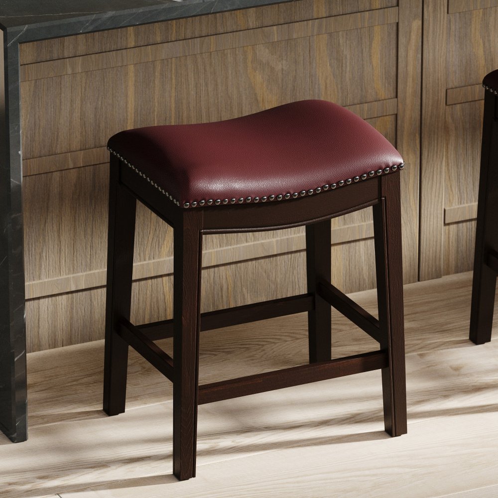 26" Dark Red And Espresso Faux Leather And Solid Wood Backless Counter Height Bar Chair