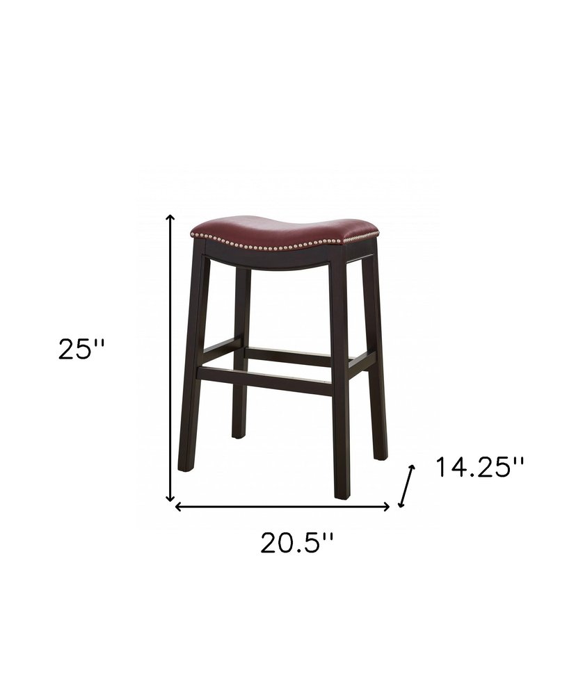 26" Dark Red And Espresso Faux Leather And Solid Wood Backless Counter Height Bar Chair