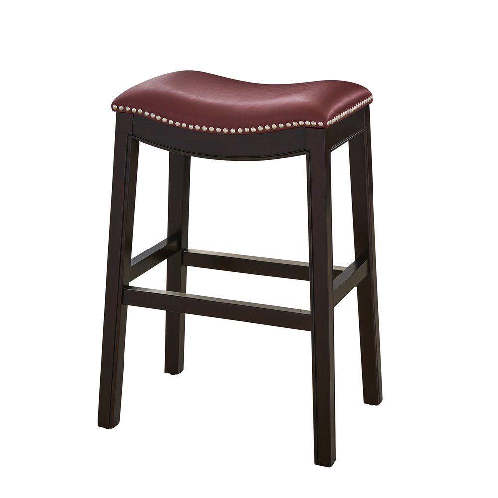 26" Dark Red And Espresso Faux Leather And Solid Wood Backless Counter Height Bar Chair