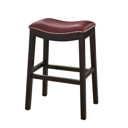 26" Dark Red And Espresso Faux Leather And Solid Wood Backless Counter Height Bar Chair