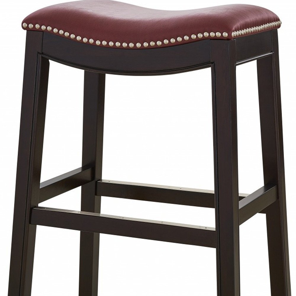 26" Dark Red And Espresso Faux Leather And Solid Wood Backless Counter Height Bar Chair