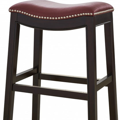 26" Dark Red And Espresso Faux Leather And Solid Wood Backless Counter Height Bar Chair