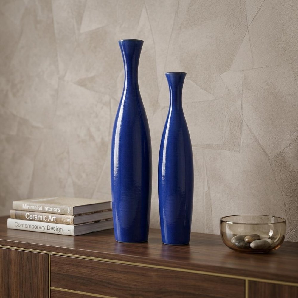 Set of Two Cobalt Cylinder Ceramic Table Vase