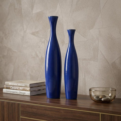 Set of Two Cobalt Cylinder Ceramic Table Vase