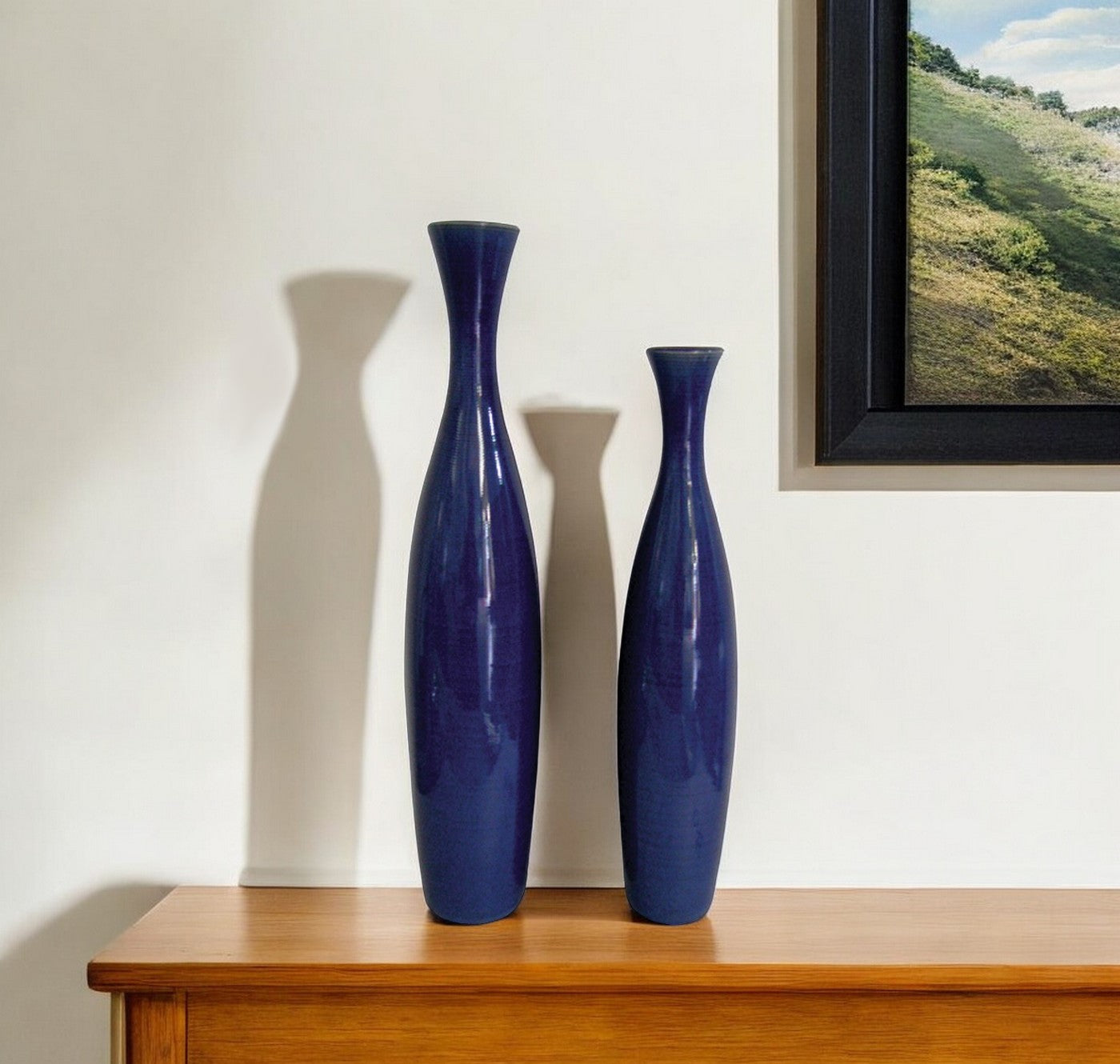 Set of Two Cobalt Cylinder Ceramic Table Vase