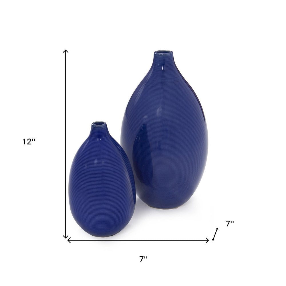 Set of Two Cobalt Ceramic Round Table Vases