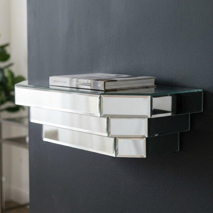 16" Silver Mirrored Glass Hanging Dimensional Floating Shelf