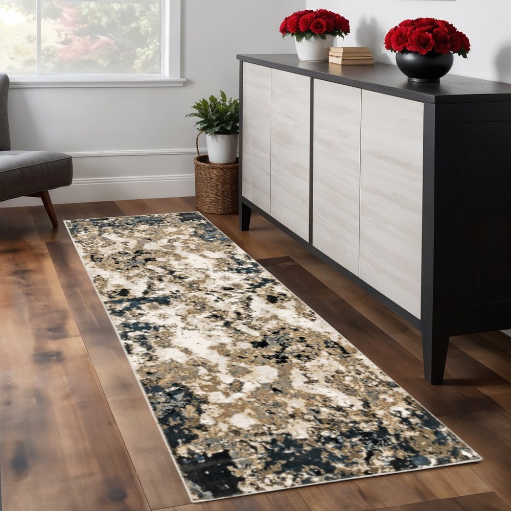 5' X 8' Ivory And Navy Blue Abstract Area Rug
