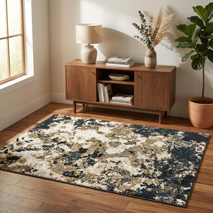 4' X 6' Ivory And Navy Blue Abstract Area Rug