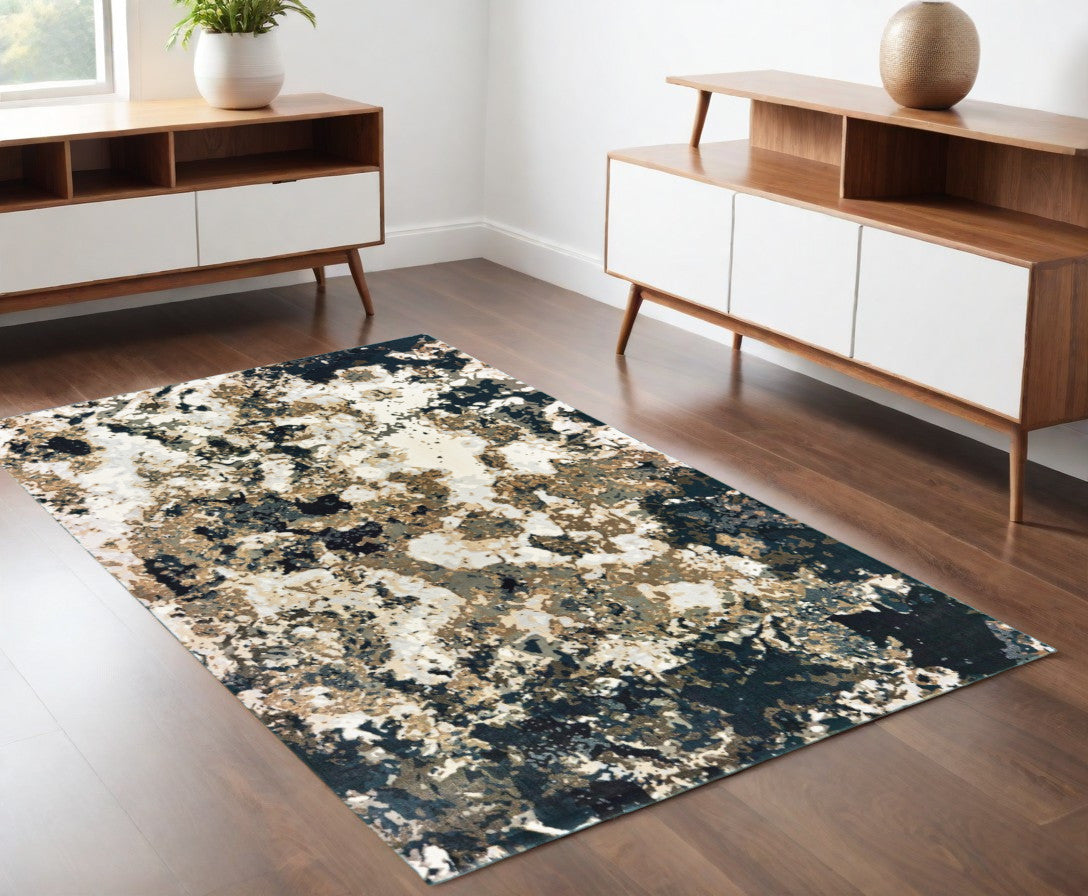 5' X 8' Ivory Navy Abstract Marble Indoor Area Rug