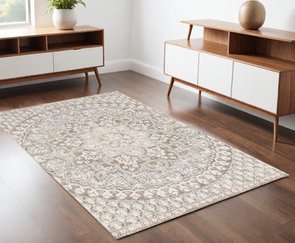 5' X 8' Ivory Grey Distresed Oversize Medallion Indoor Area Rug