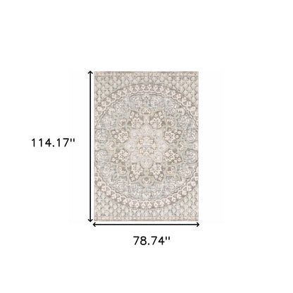 5' X 8' Ivory Grey Distresed Oversize Medallion Indoor Area Rug