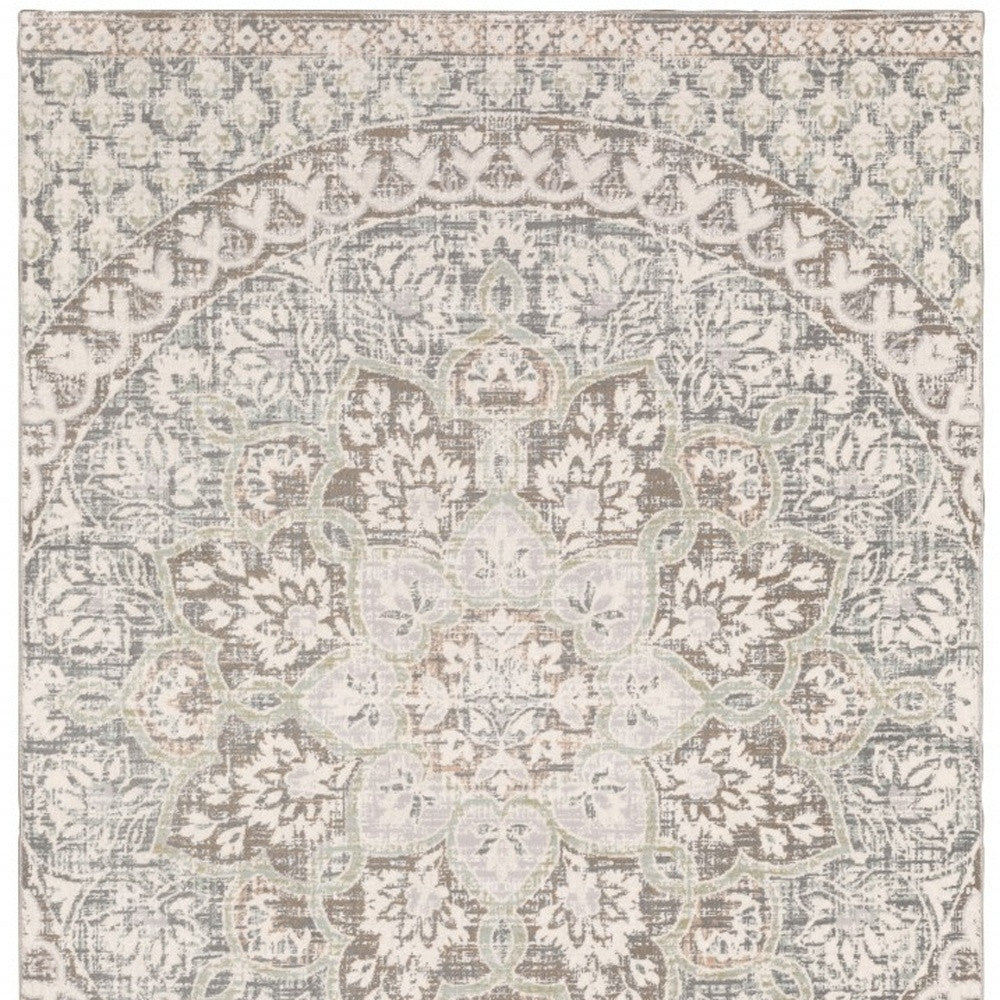 5' X 8' Ivory Grey Distresed Oversize Medallion Indoor Area Rug