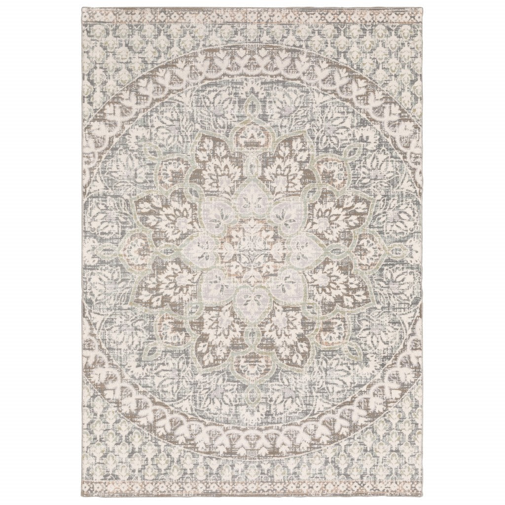 5' X 8' Ivory Grey Distresed Oversize Medallion Indoor Area Rug