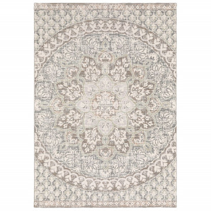 10' X 13' Ivory And Gray Medallion Distressed Area Rug