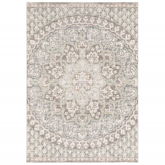 10' X 13' Ivory And Gray Medallion Distressed Area Rug