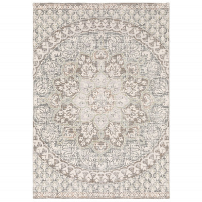 5' X 8' Ivory Grey Distresed Oversize Medallion Indoor Area Rug