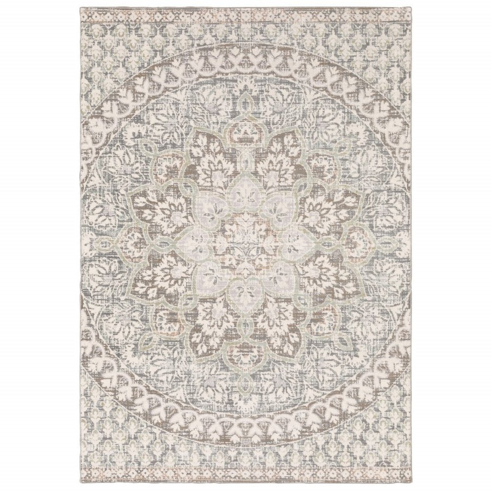 10' X 13' Ivory And Gray Medallion Distressed Area Rug