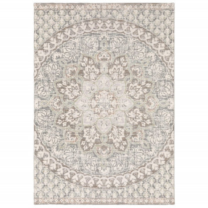 10' X 13' Ivory And Gray Medallion Distressed Area Rug