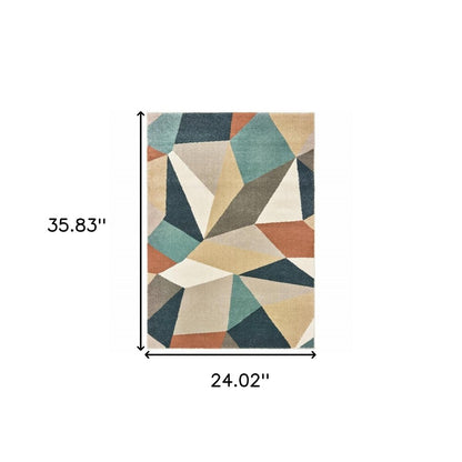 10' X 13' Blue Green And Beige Abstract Geometric Area Rug