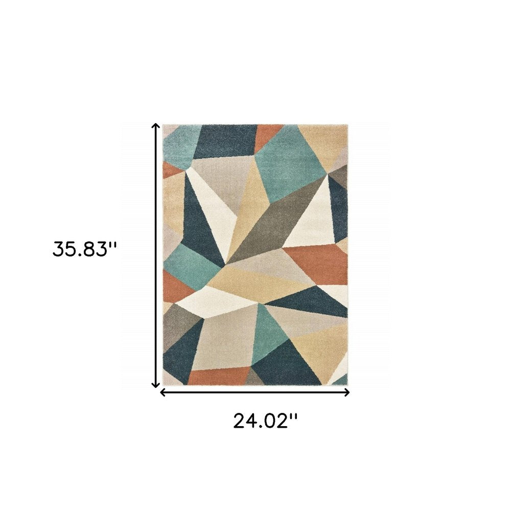 7' X 10' Blue Green And Beige Abstract Geometric Area Rug