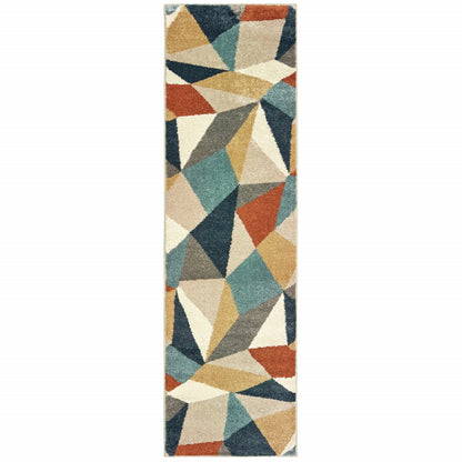 3' X 6' Blue Green Beige Retro Wedge Indoor Indoor Area Rug