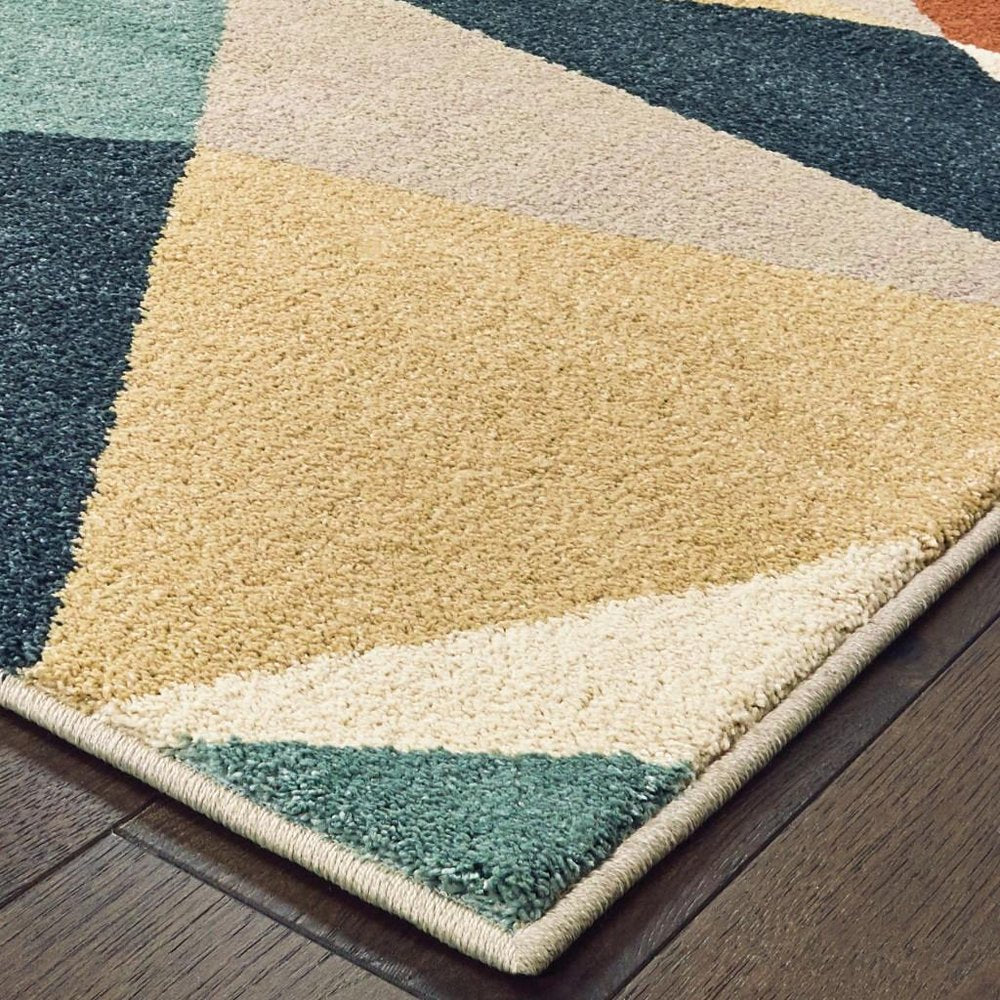 10' X 13' Blue Green And Beige Abstract Geometric Area Rug