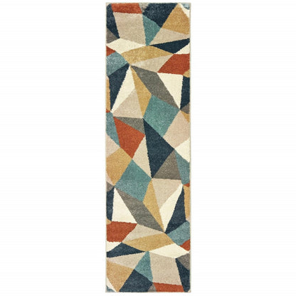 10' X 13' Blue Green And Beige Abstract Geometric Area Rug