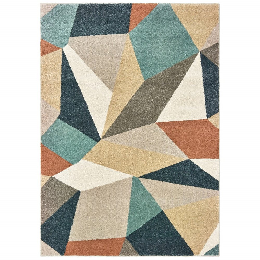 7' X 10' Blue Green And Beige Abstract Geometric Area Rug