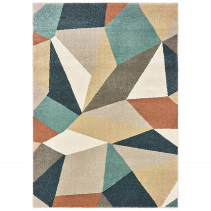 7' X 10' Blue Green And Beige Abstract Geometric Area Rug