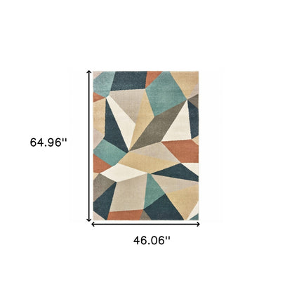 5' X 7' Blue Green And Beige Abstract Geometric Area Rug