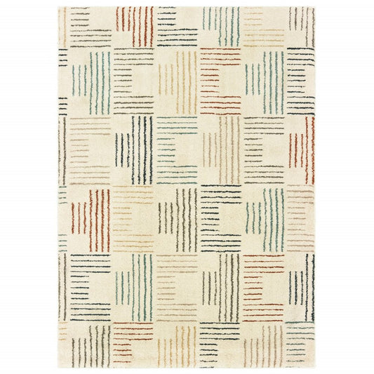 10' X 13' Ivory Blue And Red Geometric Area Rug