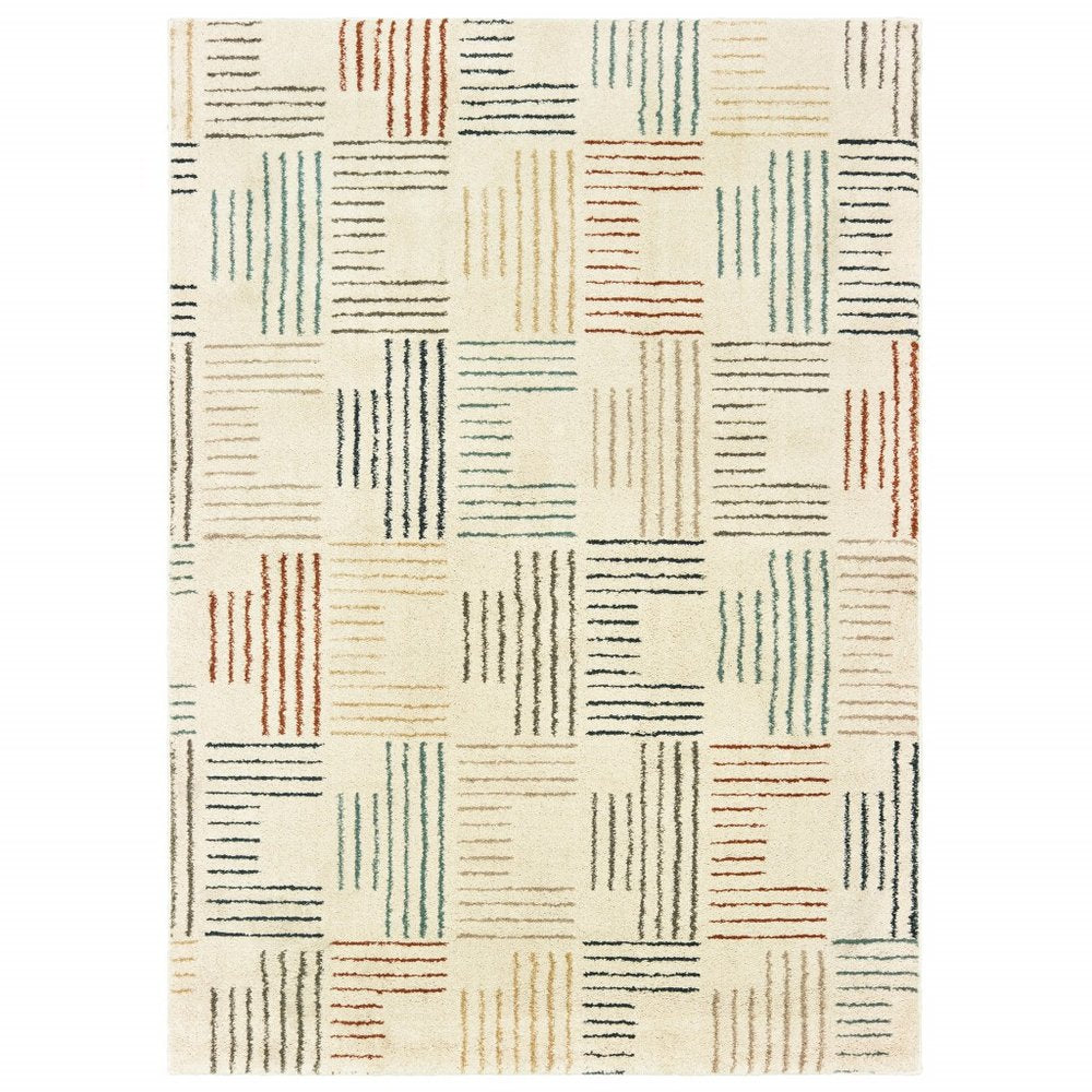 6' X 9' Ivory Blue And Red Geometric Area Rug