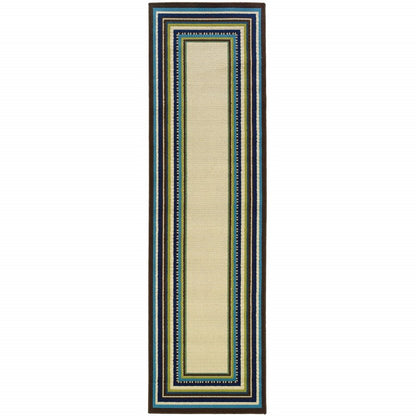 8' X 13' Ivory And Blue Striped Indoor Outdoor Area Rug