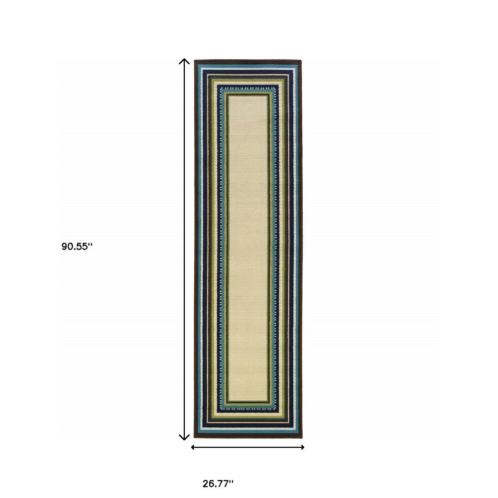 8' X 13' Ivory And Blue Striped Indoor Outdoor Area Rug